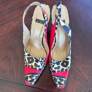 Stuart Weitzman Red and Leopard Print Slingback Pumps
